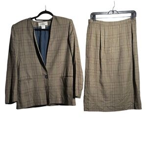 VTG Plaid Blazer Skirt Suit Set Brown 8 Academia Glamoratti Preppy Retro Office